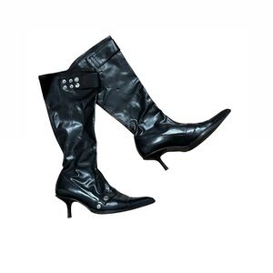 Black Kitten Heel Whimsigoth Pleather Boots Witchy Pointed Toe Studded - 37 EU